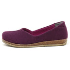 The Women's Liesl Wool Skimmer in purple features a cork sole, low heel, and wide toe box for extra comfort. Shown in side profile against a white background.