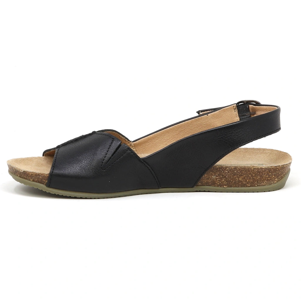 The Women's Louisa Leather Slingback Sandal is shown in a side view against a plain background, featuring an open-toe design, cushioned footbed, slingback strap, and cork sole in black.