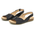 Women's Louisa Leather Slingback Sandals featuring open toes, cork insoles, padded arch support, and adjustable back straps are shown on a white background.
