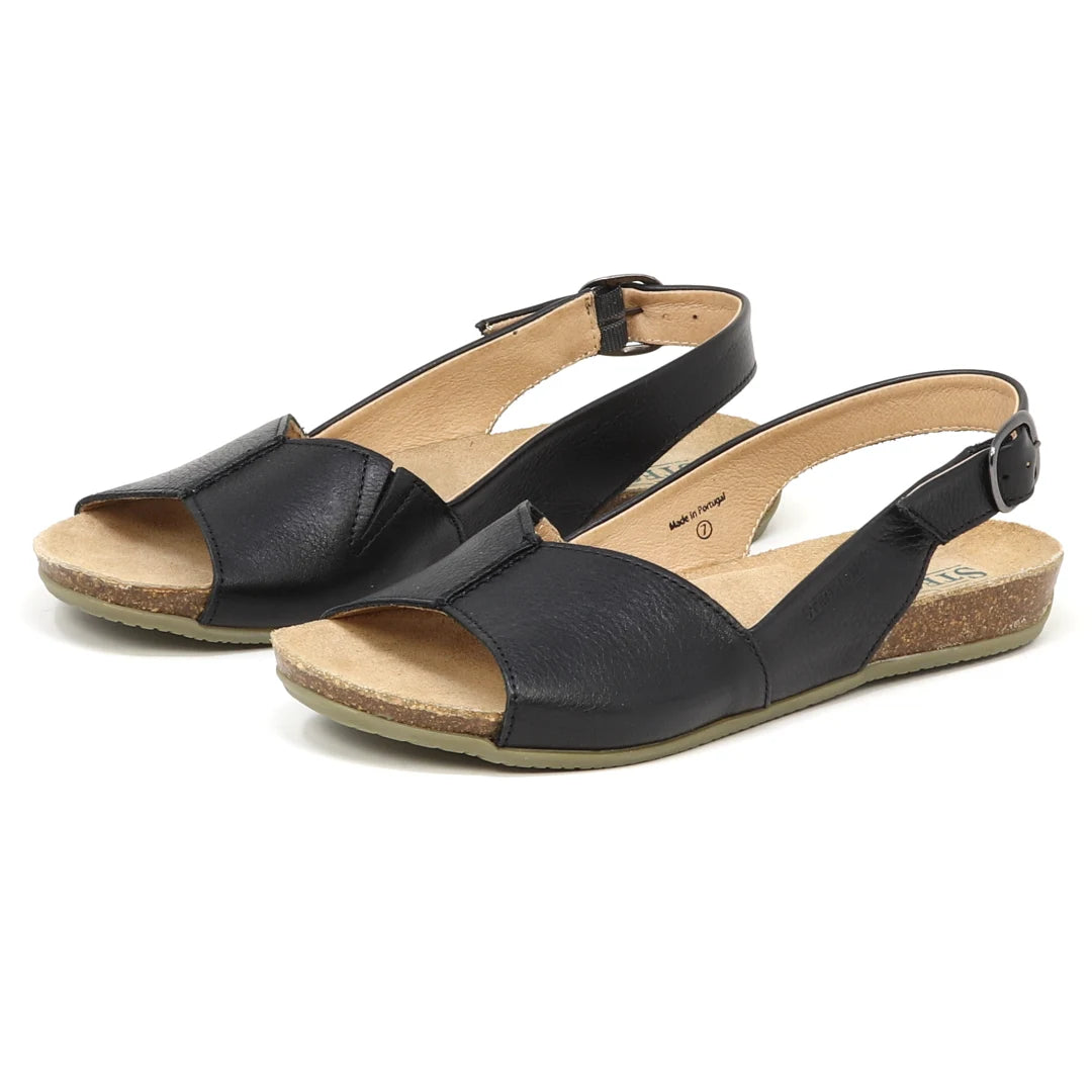Women's Louisa Leather Slingback Sandals featuring open toes, cork insoles, padded arch support, and adjustable back straps are shown on a white background.