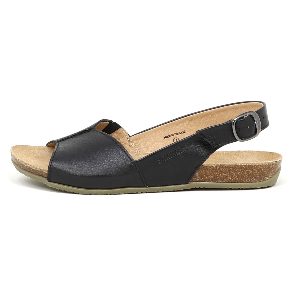 The Women's Louisa Leather Slingback Sandal is a black sandal featuring an open-toe design, an adjustable heel strap, and a cork cushioned footbed for ultimate comfort.