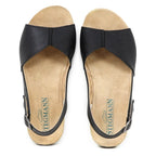 Women's Louisa Leather Slingback Sandal featuring black leather, open toes, ankle straps, and a cushioned footbed, viewed from above.