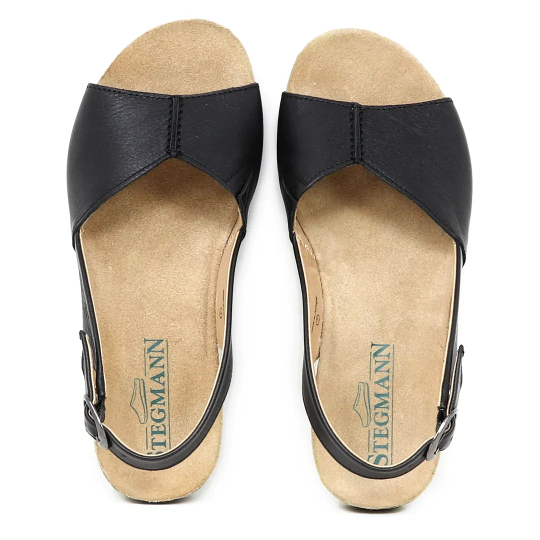 Women's Louisa Leather Slingback Sandal featuring black leather, open toes, ankle straps, and a cushioned footbed, viewed from above.
