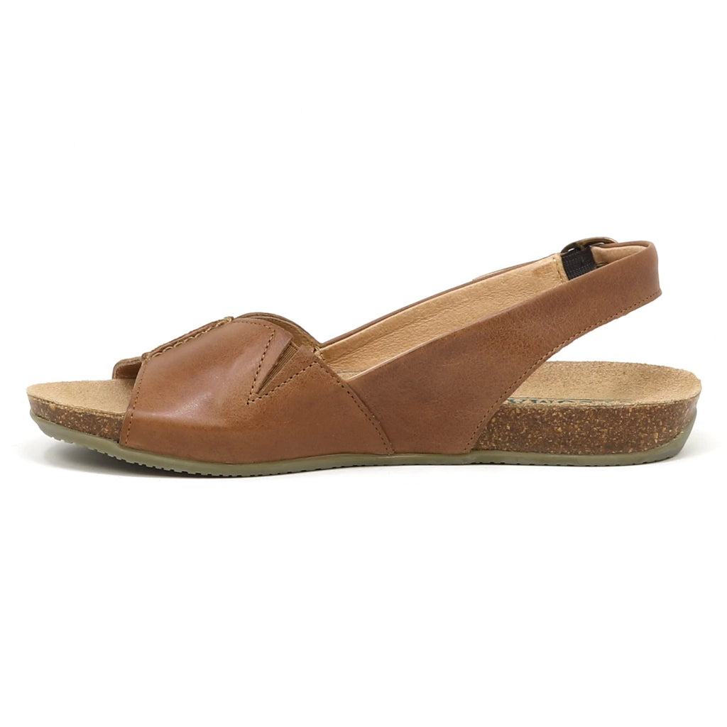 The Women's Louisa Leather Slingback Sandal features a brown leather design, flat cork sole, open toe, and cushioned footbed for ultimate comfort.