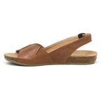 The Women's Louisa Leather Slingback Sandal features a brown leather design, flat cork sole, open toe, and cushioned footbed for ultimate comfort.