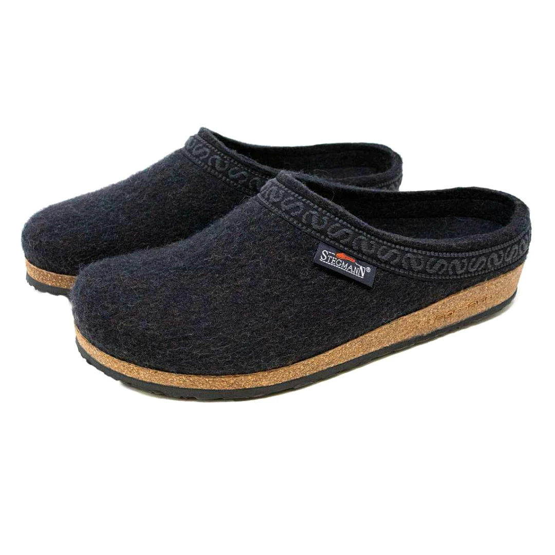 Men’s Original 108 Wool Clog with wool felt uppers, patterned trim, cork midsoles, and black rubber outsoles.