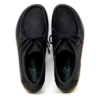 The Women's Mainz Leather Moc Shoe in black features an oiled leather upper with visible stitching and branded insole. Designed for style and everyday comfort, it includes an UltraComfort footbed for enhanced support.