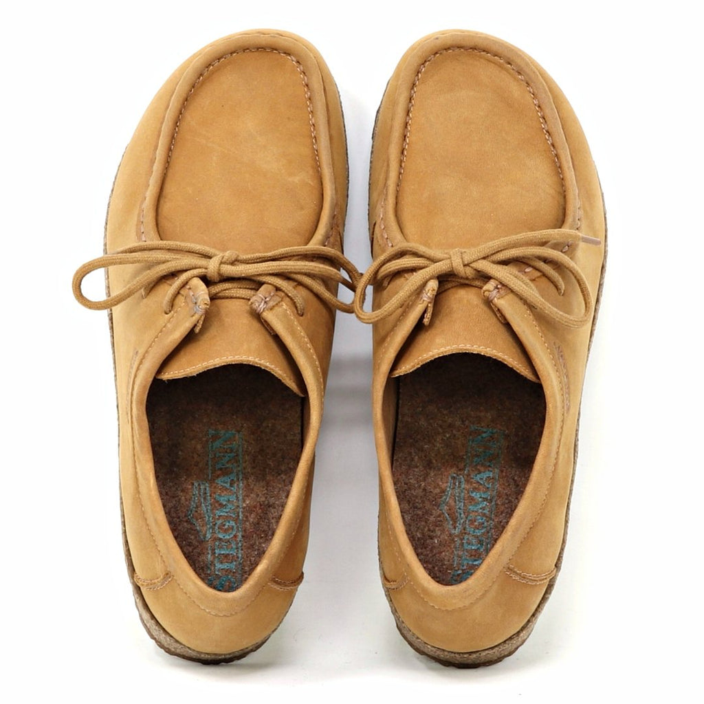 Women's 'Mainz' Moc Shoes in tan suede, featuring an UltraComfort footbed and laces, displayed from above on a white background.