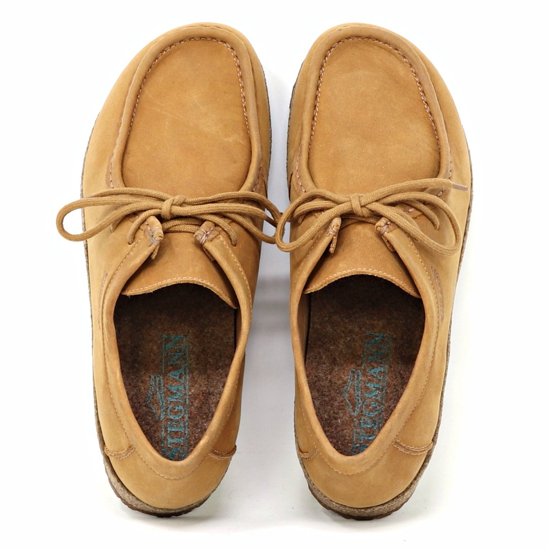 Women's 'Mainz' Moc Shoes in tan suede, featuring an UltraComfort footbed and laces, displayed from above on a white background.
