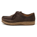 The Women's Mainz Leather Moc Shoe showcases a brown moc stitch design with an oiled leather upper and textured brown sole, side view. Its UltraComfort footbed ensures all-day wear.