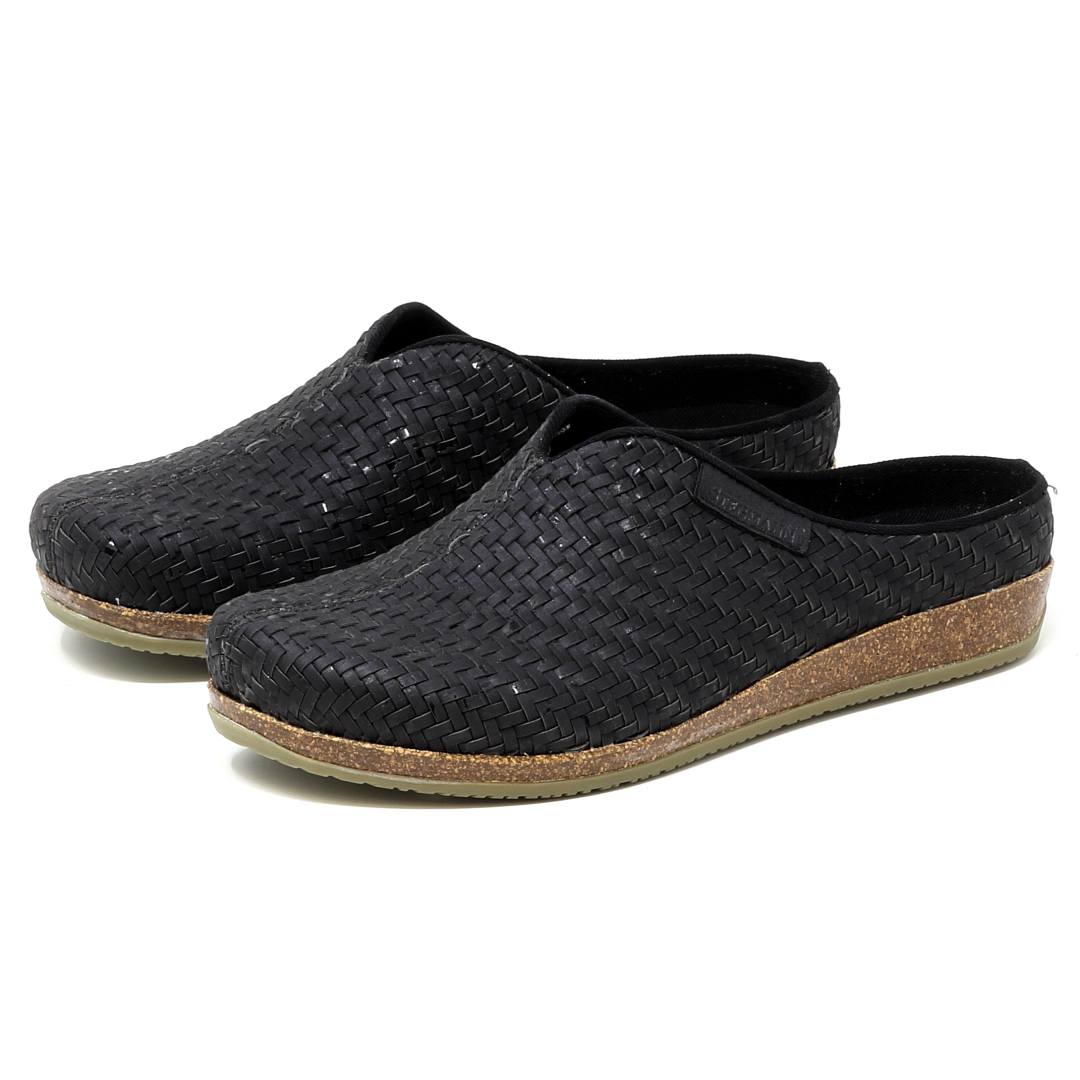 Introducing the Women's Maria Woven Cork Mule, black slip-on clogs with cork soles and enhanced arch support for all-day comfort.