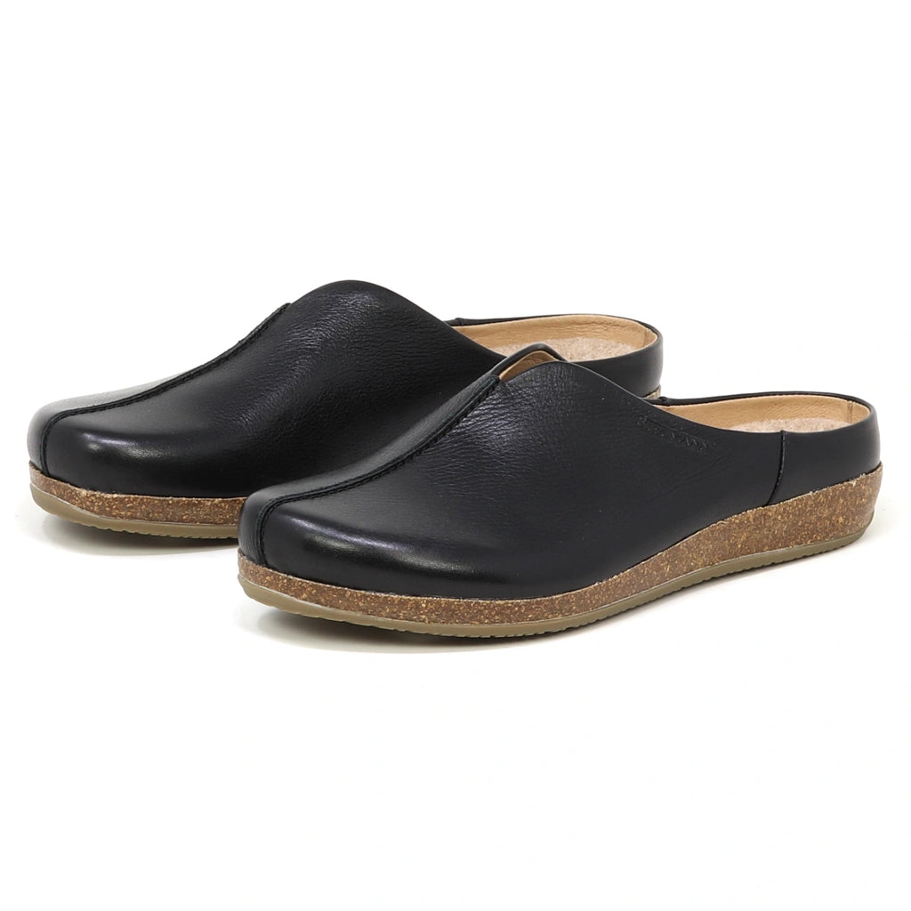 Women's Maria Leather Mule in black leather, featuring slip-on style, cork soles, and a wide toe box, displayed side by side on a white background.