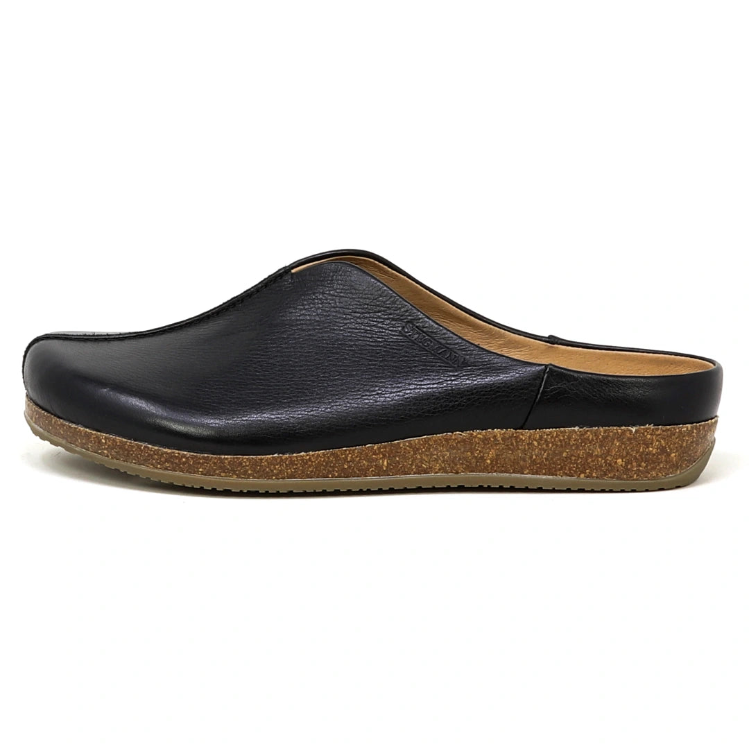 A side view of the Women's Maria Leather Mule, a black slip-on clog with a cork sole, wide toe box, and low heel, photographed against a white background.