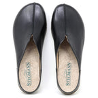 Top view of the Women's Maria Leather Mule in black leather with beige insoles printed with the Stegmann logo, featuring a wide toe box for added comfort.