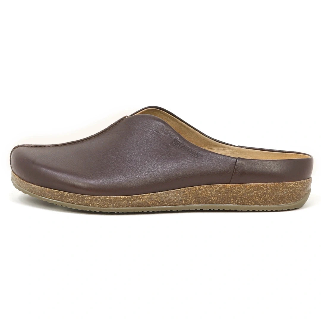Women's Maria Leather Mule—brown leather slip-on with a wide closed toe, cork midsole, and flat rubber outsole, shown from the side.