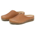 The Women's Maria Leather Mule features brown leather, slip-on style, cork soles, and a wide toe box, shown on a white background.