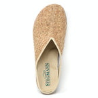 Top view of the Women's Maria Woven Cork Mule in tan, a slip-on with a sustainable cork sole, cream interior, and "Stegmann" on the insole for enhanced arch support.