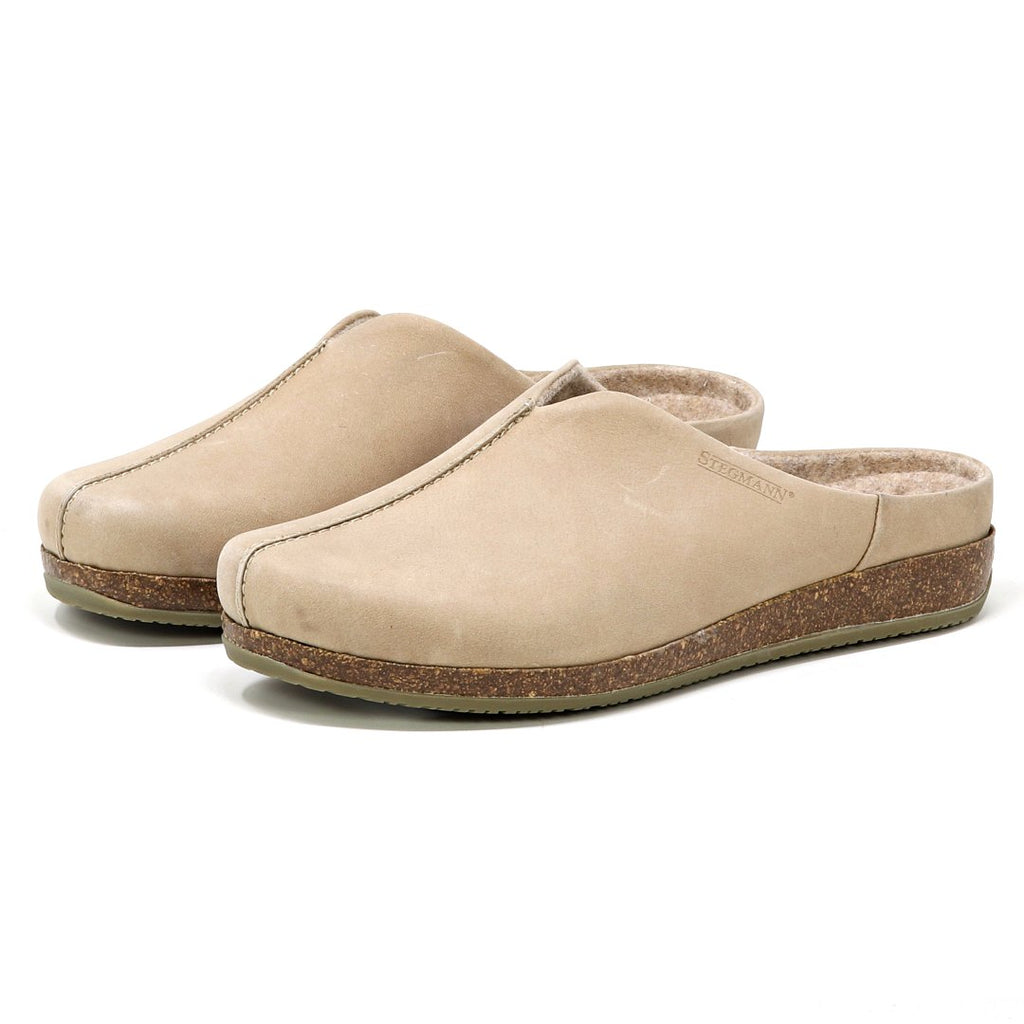 Beige Women's Maria Leather Mule featuring a cork & latex support sole and wool lining, shown from front and side angles.