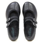 A top-down view of the Women's Marielle Stretch Leather Mary-Jane shoes in black, featuring double straps with silver buckles and built-in arch support, shown on a white background.