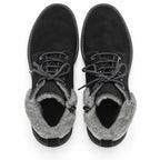 A pair of Women’s Merano Chukka Boots in black waterproof suede with gray fleece lining, styled as classic winter chukka boots, shown from above against a white background.