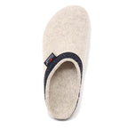 The Women's Original 108 Wool Clog - Medium features beige Merino wool felt, a black patterned trim, and a side brand tag—perfect for comfort, including for those with plantar fasciitis.