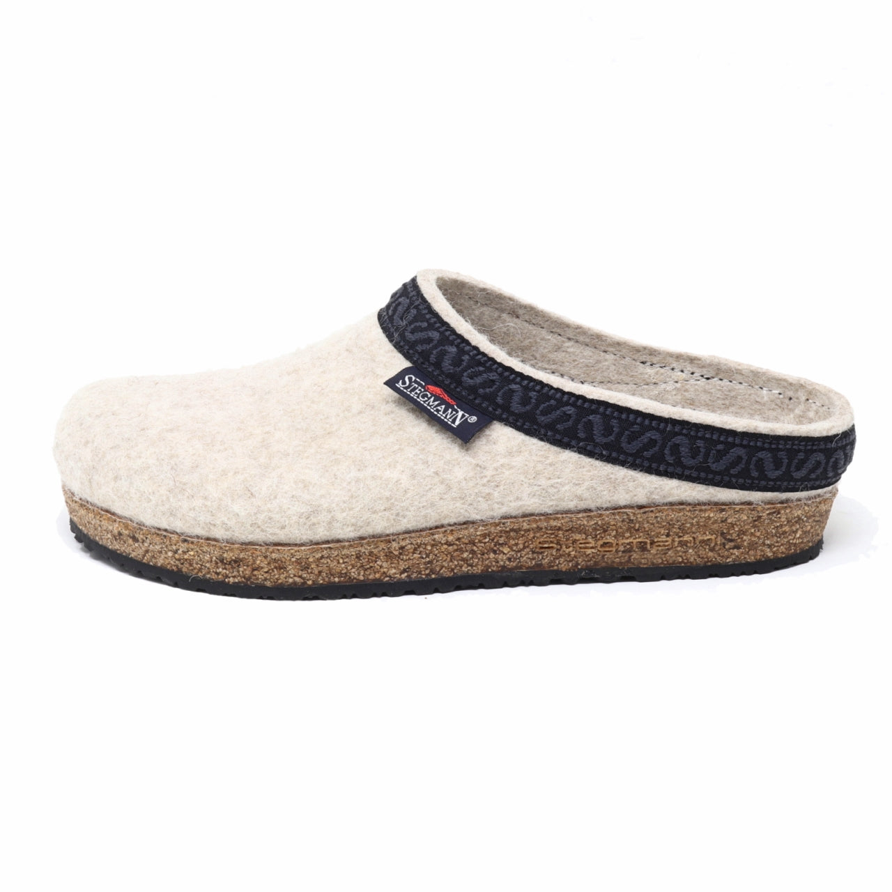 The Women's Original 108 Wool Clog - Medium is made from Merino wool felt with a cork sole, black trim, and a visible brand tag on the side, shown on a white background.