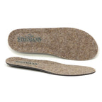Two brown Women's Wool Cushion Replacement Insoles - No Arch by Stegmann, featuring the "Stegmann" logo printed in green on the top side, are displayed from top and side views against a white background. These felt wool insoles offer cushioned comfort and support as replacement inserts for shoes.