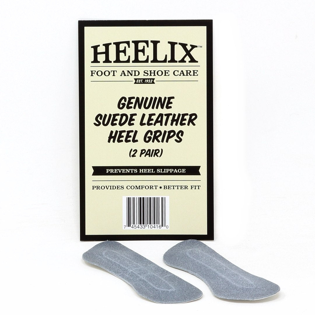 Packaging for Heelix Heel Grips, crafted from genuine suede leather to prevent shoe slipping and provide maximum comfort, featuring two pairs shown below.