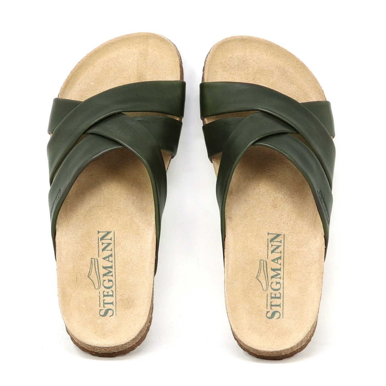 The Women's Romy Slide Sandal features olive green leather crisscross straps, a contoured cork footbed for comfort, and beige STEGMANN-branded footbeds.