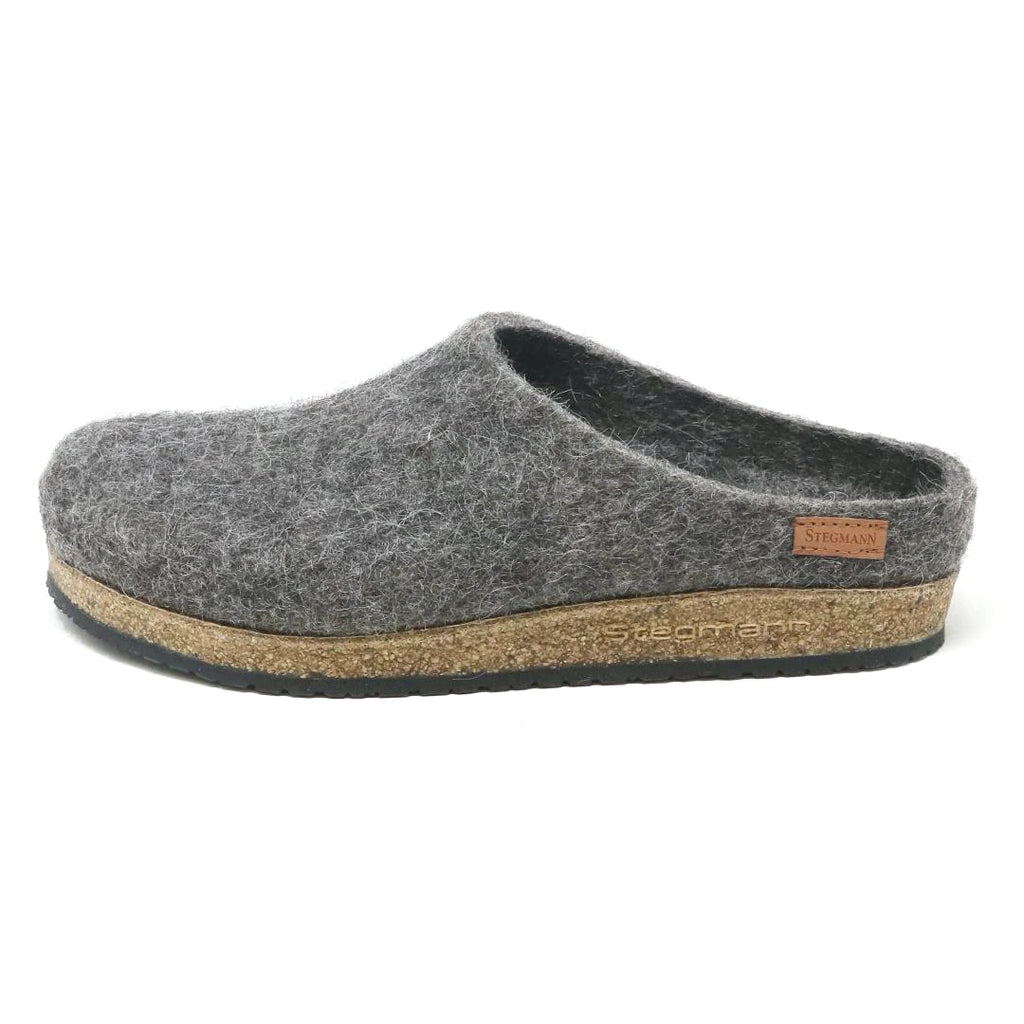The Women's Eco Wool Clog, a gray wool slipper with a cork latex footbed and a small brown side label, is shown against a white background.