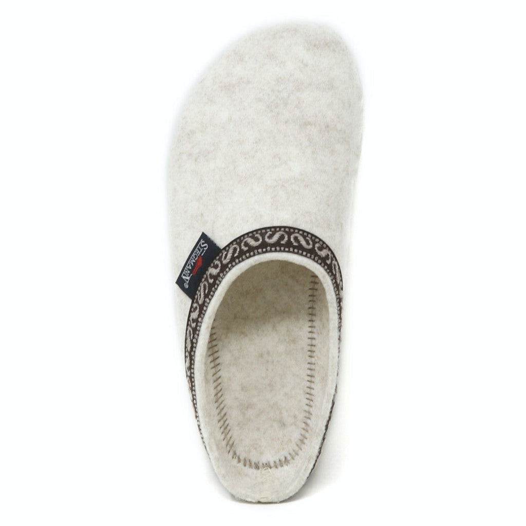 Top view of the Women's Original 108 Vegan Wool Clog, featuring a vegan felt design in white with a black and white patterned rim.