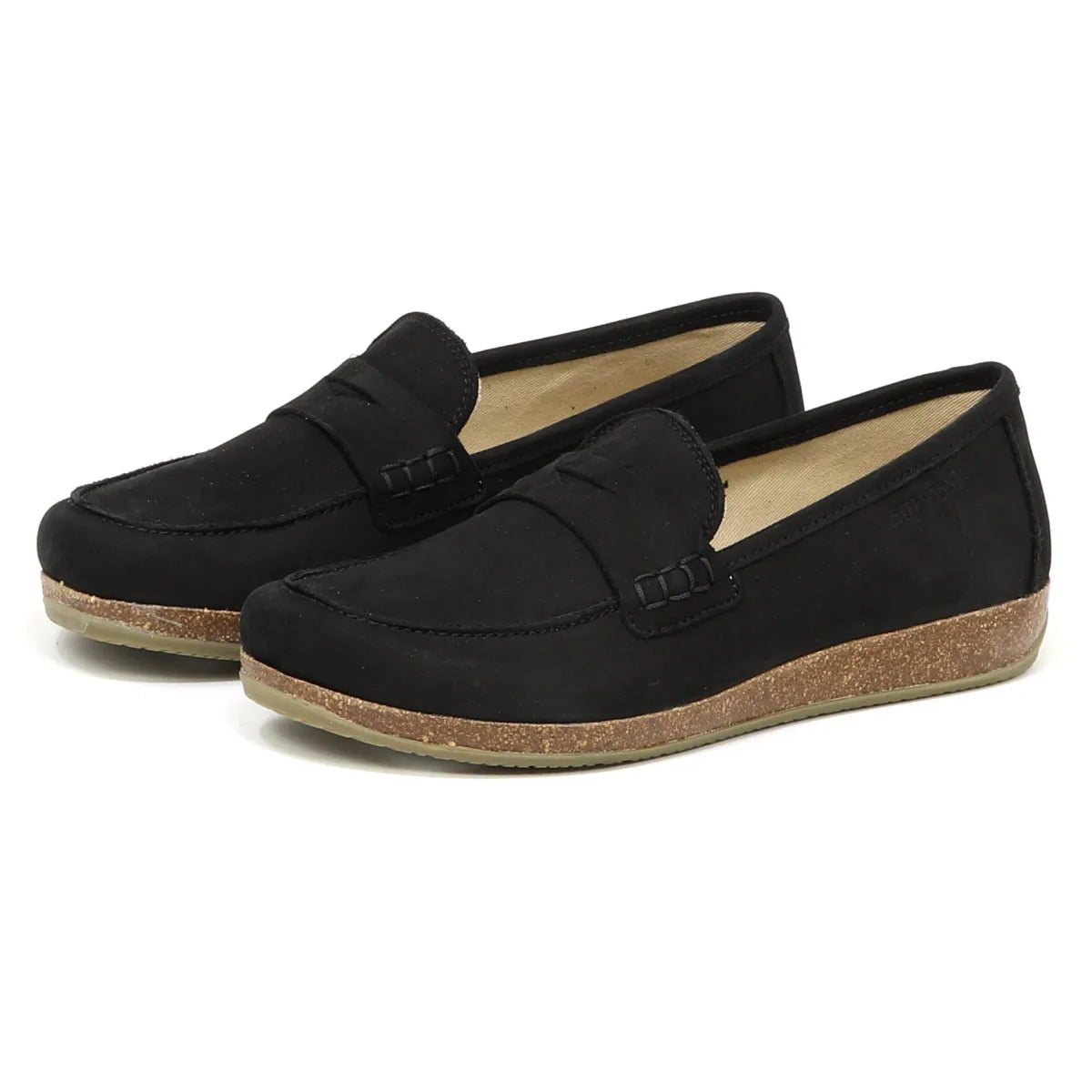 The Women's Victoria Loafer offers black slip-on design with cork-textured soles, nubuck finish for sophistication, and a shock-absorbing midsole for ultimate comfort.