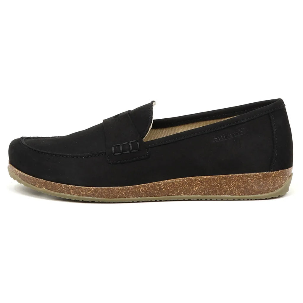 The Women's Victoria Loafer features a black nubuck slip-on design with a brown textured sole, a shock-absorbing midsole, shown in side view.