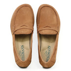Aerial view of brown Women's Victoria nubuck loafers by Stegmann, featuring stitching details and arch support, on a white background.