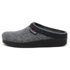 The Women's WoolFlex Wool Clog - Medium is a gray felt slipper with a black sole, branded tag, and patterned ankle trim. Experience ultimate comfort with an anatomically contoured sole that supports every step.