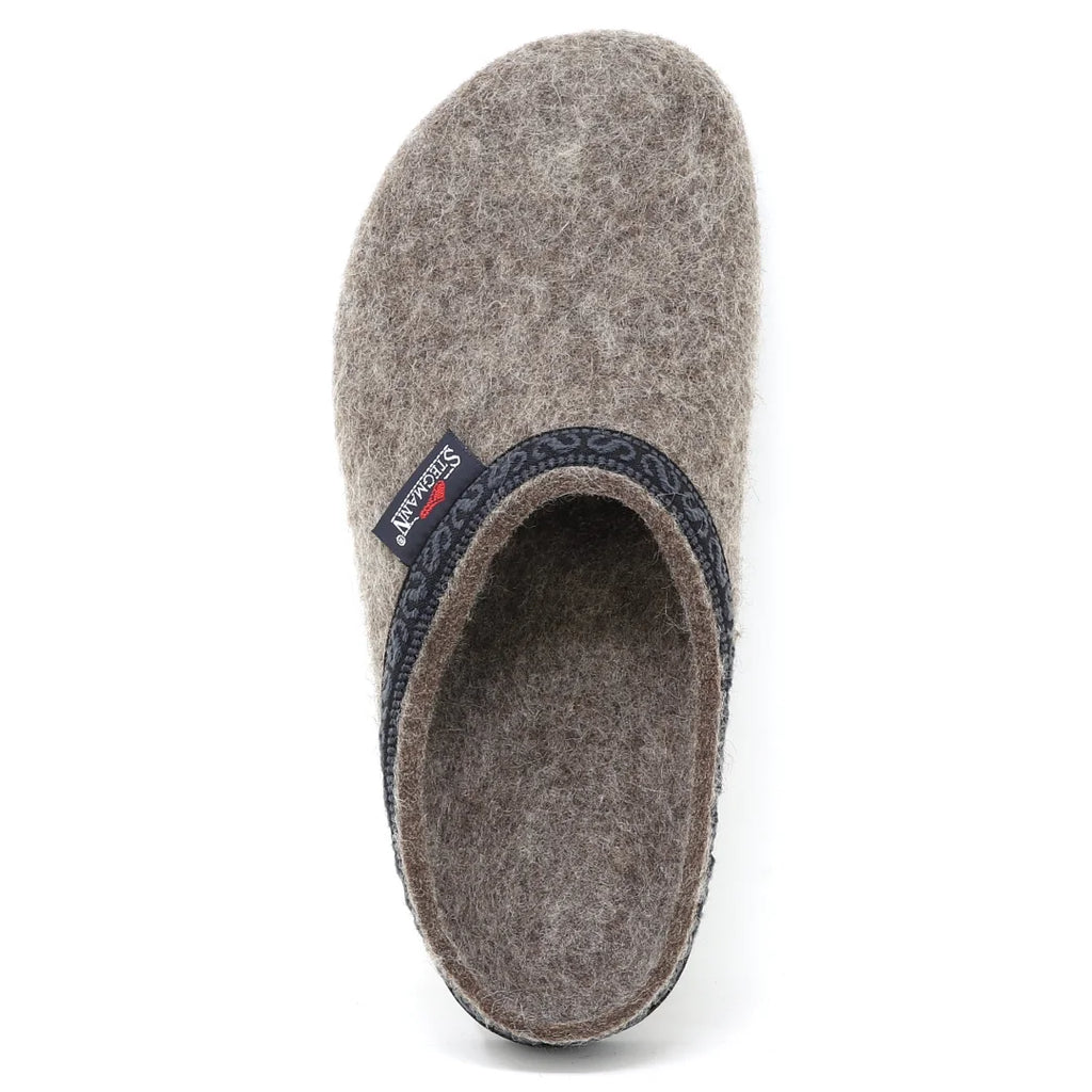 Top-down view of a grey Women’s WoolFlex Wool Clog - Medium with a dark patterned trim, a small brand tag, and a supportive design.