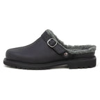 The Zermatt Wool Shearling Clog is a black slip-on clog featuring a buckle strap, cozy wool shearling lining, and a textured rubber sole, displayed in a side profile view against a white background.