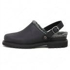The Trento Wool Shearling Clog is a black, vegetable-tanned leather winter clog with grey fleece lining, buckle strap, and thick treaded sole in side profile view.