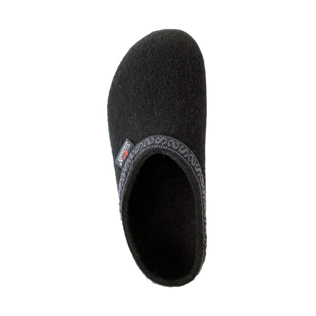 The Women's Original 108 Wool Clog – Wide is a single clog crafted from black Merino wool felt, adorned with a gray patterned trim, and includes a supportive sole, as viewed from the top.