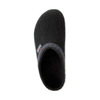 The Women's WoolFlex Wool Clog - Medium is a black slip-on slipper with gray trim, featuring a visible logo and an anatomically contoured sole for cushioned comfort, enhancing every step.