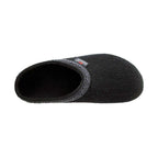 The Women's Original 108 Wool Clog - Medium is a black slipper for women made from Merino wool felt, featuring a gray patterned trim and a cozy cork & latex sole, as seen from above.
