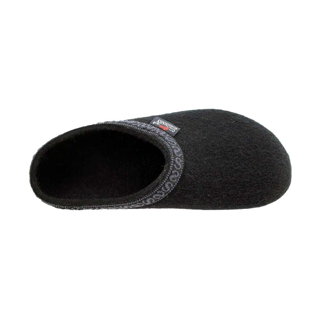 The Women's Original 108 Wool Clog - Medium is a black slipper for women made from Merino wool felt, featuring a gray patterned trim and a cozy cork & latex sole, as seen from above.