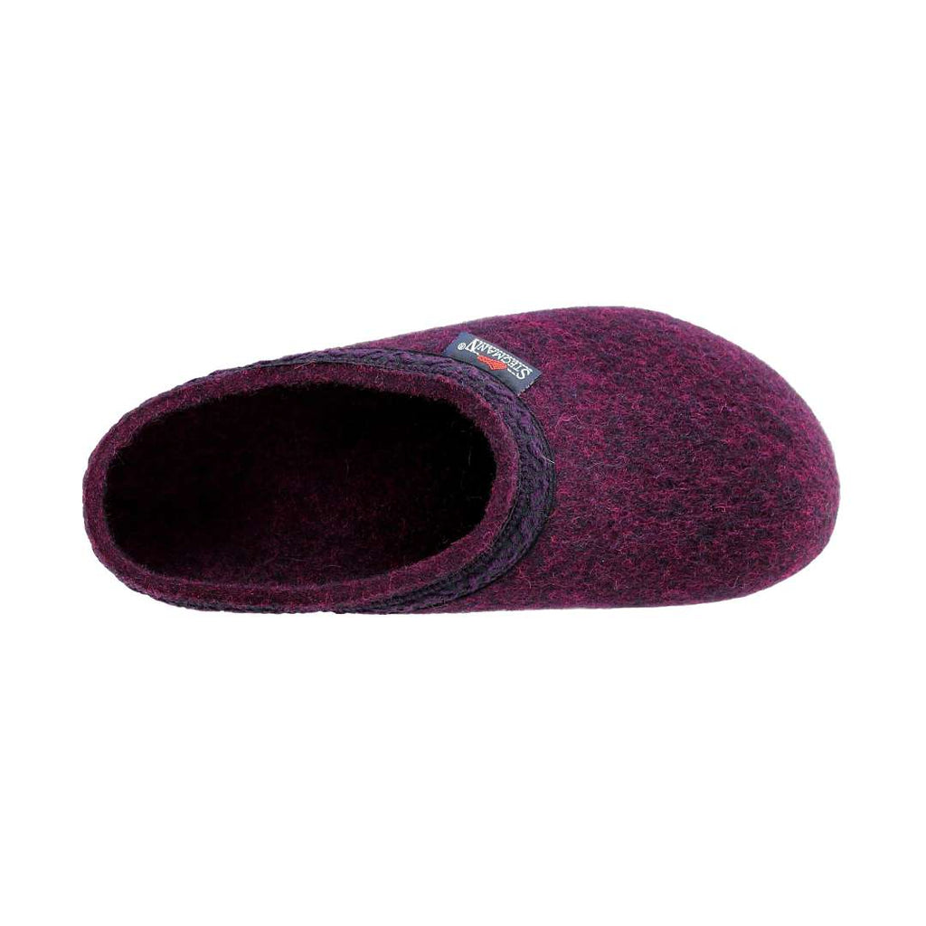 A single Women's Original 108 Wool Clog in dark purple Merino wool felt, designed as a women's shoe, viewed from above on a white background.