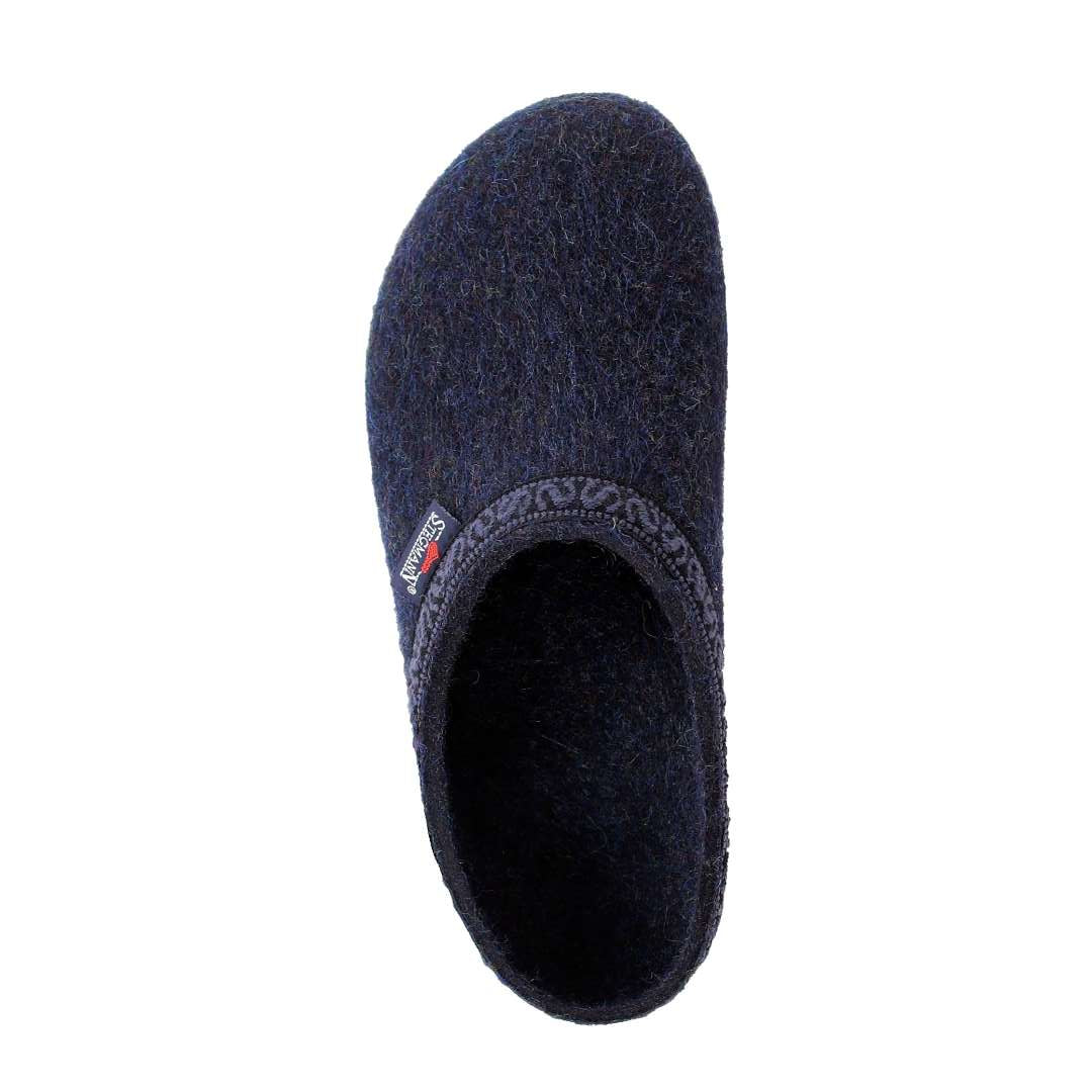 Viewed from above, the Women's Original 108 Clog - Wide is crafted from dark blue Merino wool felt.