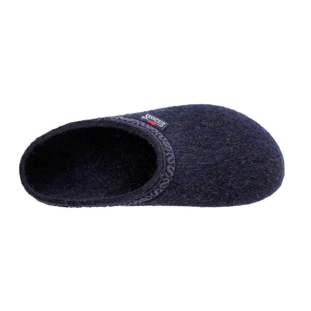 A single Women's Original 108 Wool Clog - Medium in dark blue, crafted from Merino wool felt, is showcased from above on a white background. Designed for women, it includes a comfortable cork and latex sole for enhanced support.