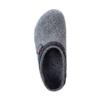 Women's WoolFlex Wool Clog - Medium, featuring a gray wool upper and patterned trim, seen from above on a white background. It offers cushion comfort and support with an anatomically contoured sole to enhance each step's coziness.