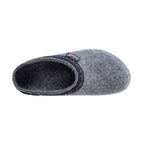 The Women's Original 108 Wool Clog - Medium in gray showcases Merino wool felt with a dark patterned trim, complemented by a side view of its comfortable cork & latex sole.