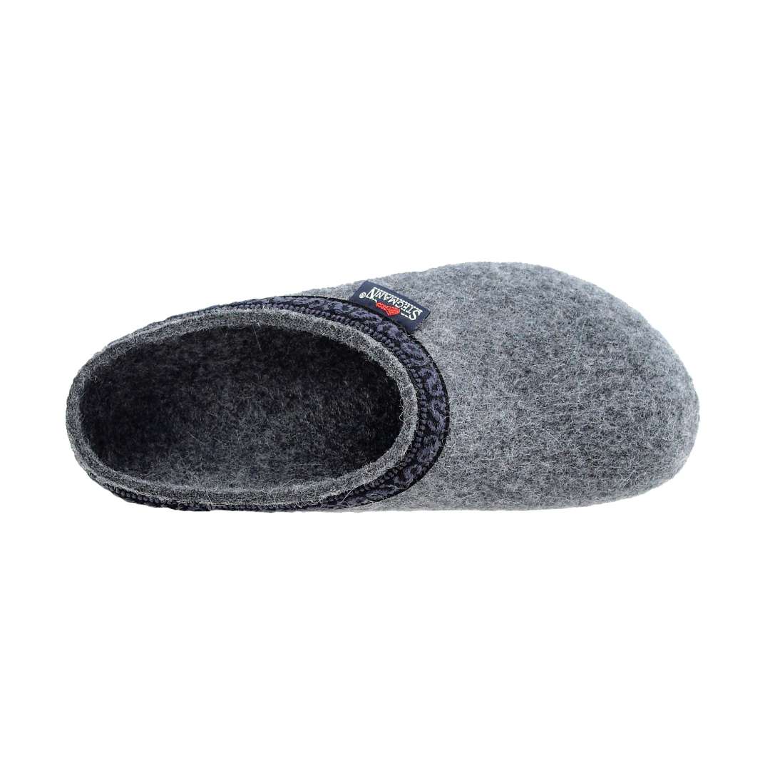 The Women's Original 108 Wool Clog - Medium in gray showcases Merino wool felt with a dark patterned trim, complemented by a side view of its comfortable cork & latex sole.