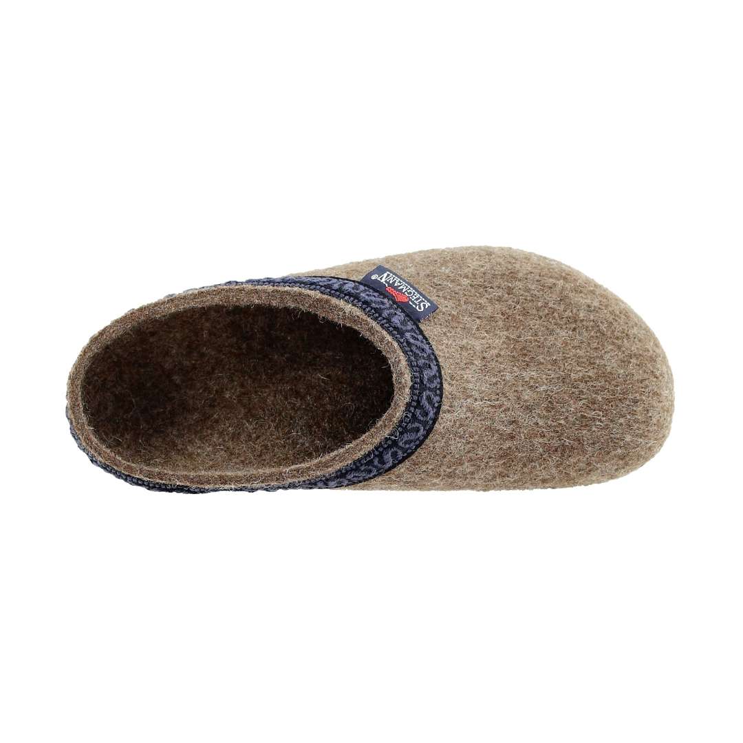 The Women's Original 108 Wool Clog - Medium is a single clog made from brown Merino wool felt, adorned with a black trim, and designed for top-down viewing, providing both comfort and style.