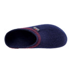 A top view of a single Women's Original 108 Wool Clog in navy blue with red trim and a small label, made from soft Merino wool felt, isolated on a white background.